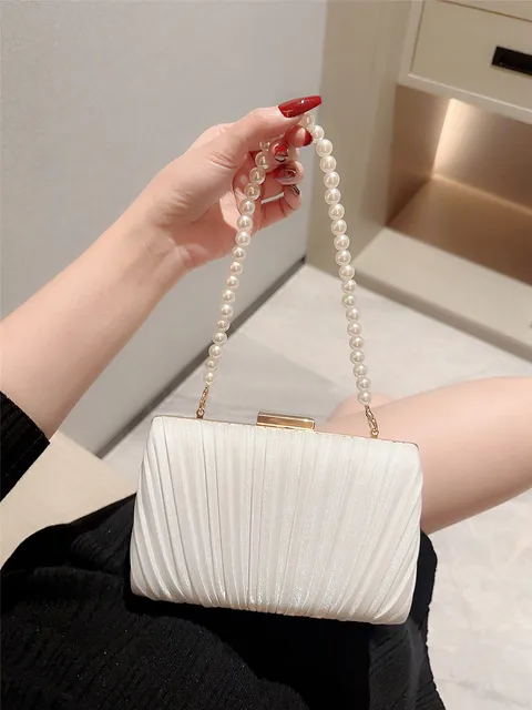 Ladies casual Pleated Design Satin Box Dinner Bag Faux Pearl Handbag Romantic Wedding Bag Bridal Bag Banquet Bag Evening Bag Prom Bag Chain Bag