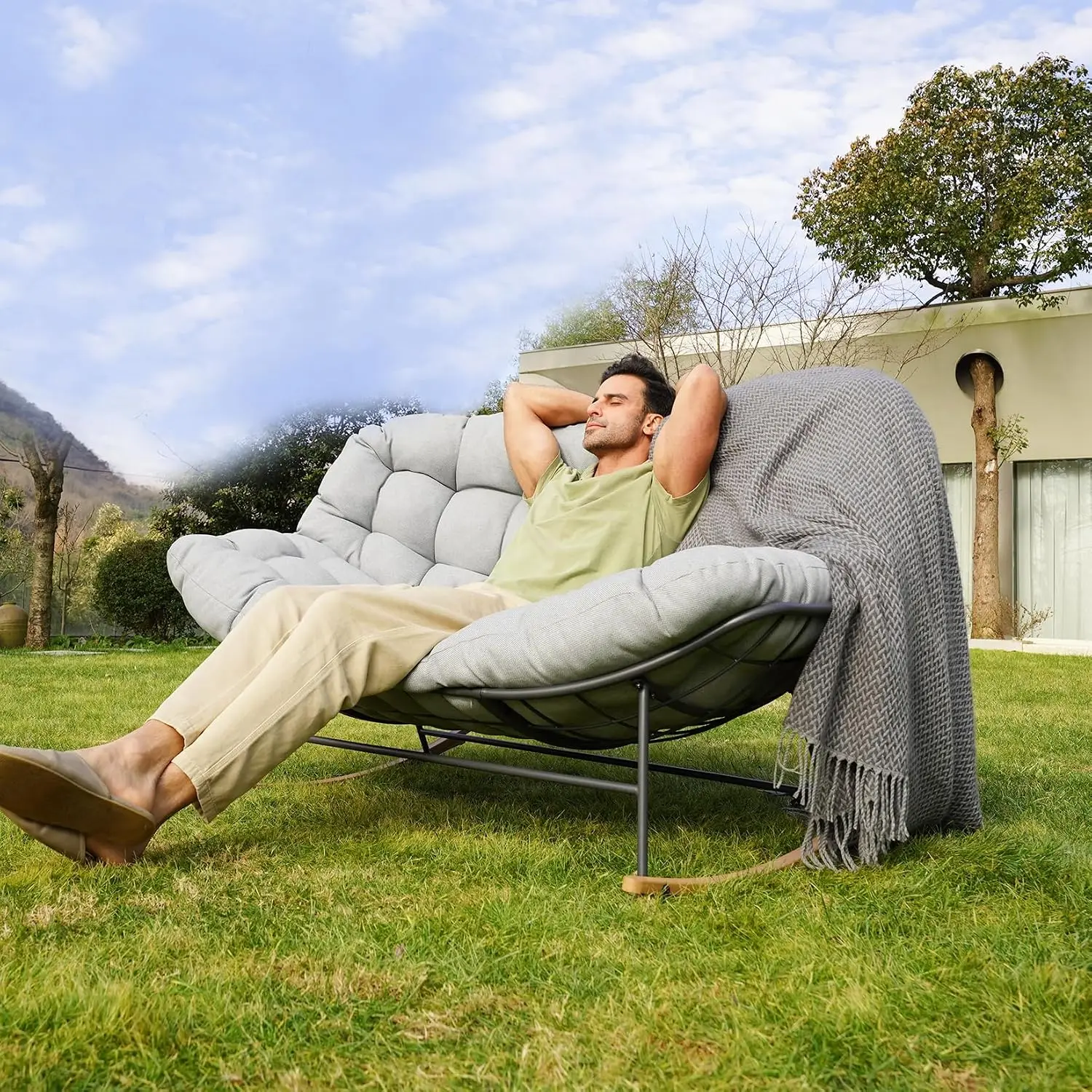 Double Papasan Rocking Chair, Oversized Papasan Loveseat, Beige