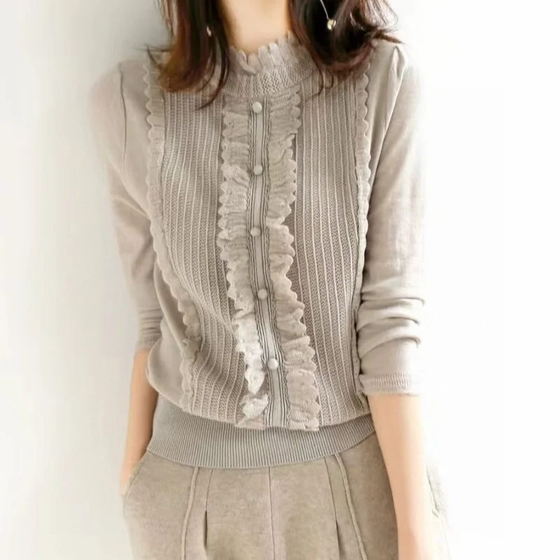 

French Black Ear Sweater Top for Women Loose Inner Khaki Splicing Sweater Base