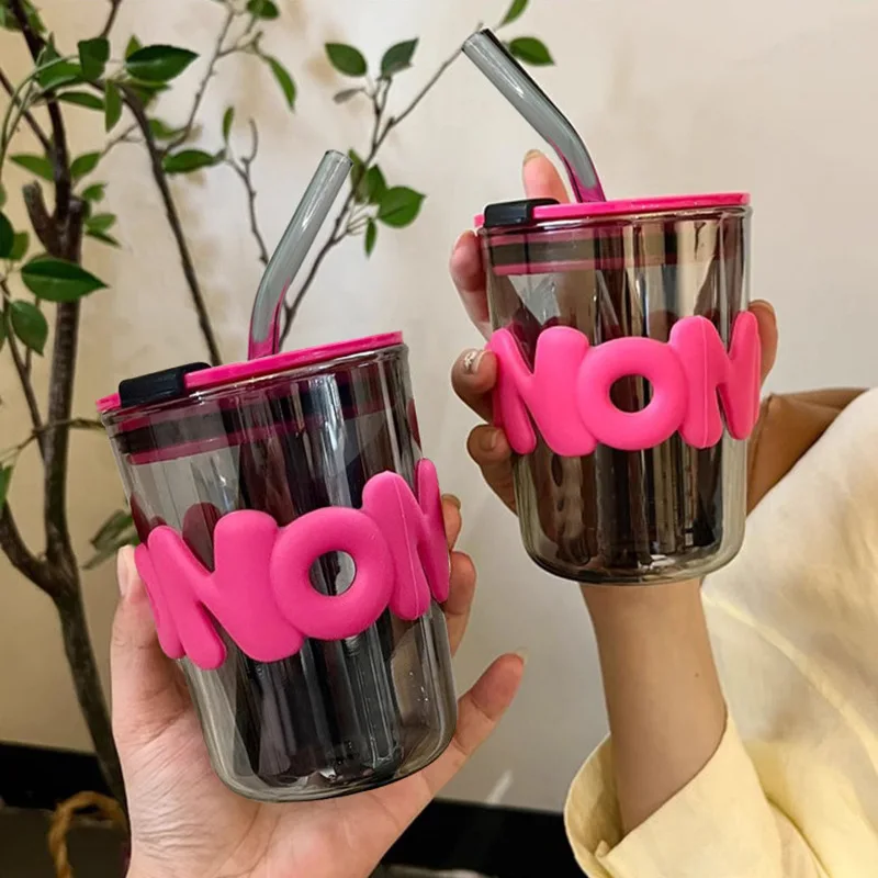 

1PCS 500ml Letter Glass Cup Transparent Glasses With Lid and Straw Ice Coffee Mug Tea Cup Juice Glass Milk Water Cup Drinkware