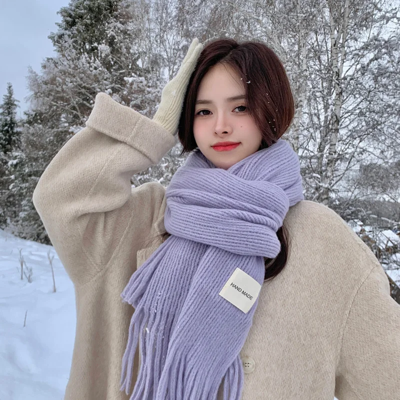 Korean Style Knitted Scarf Women\'s Winter 2024 New Solid Color Student Long Warm Neckerchief Thick Tassel Fashion Luxury