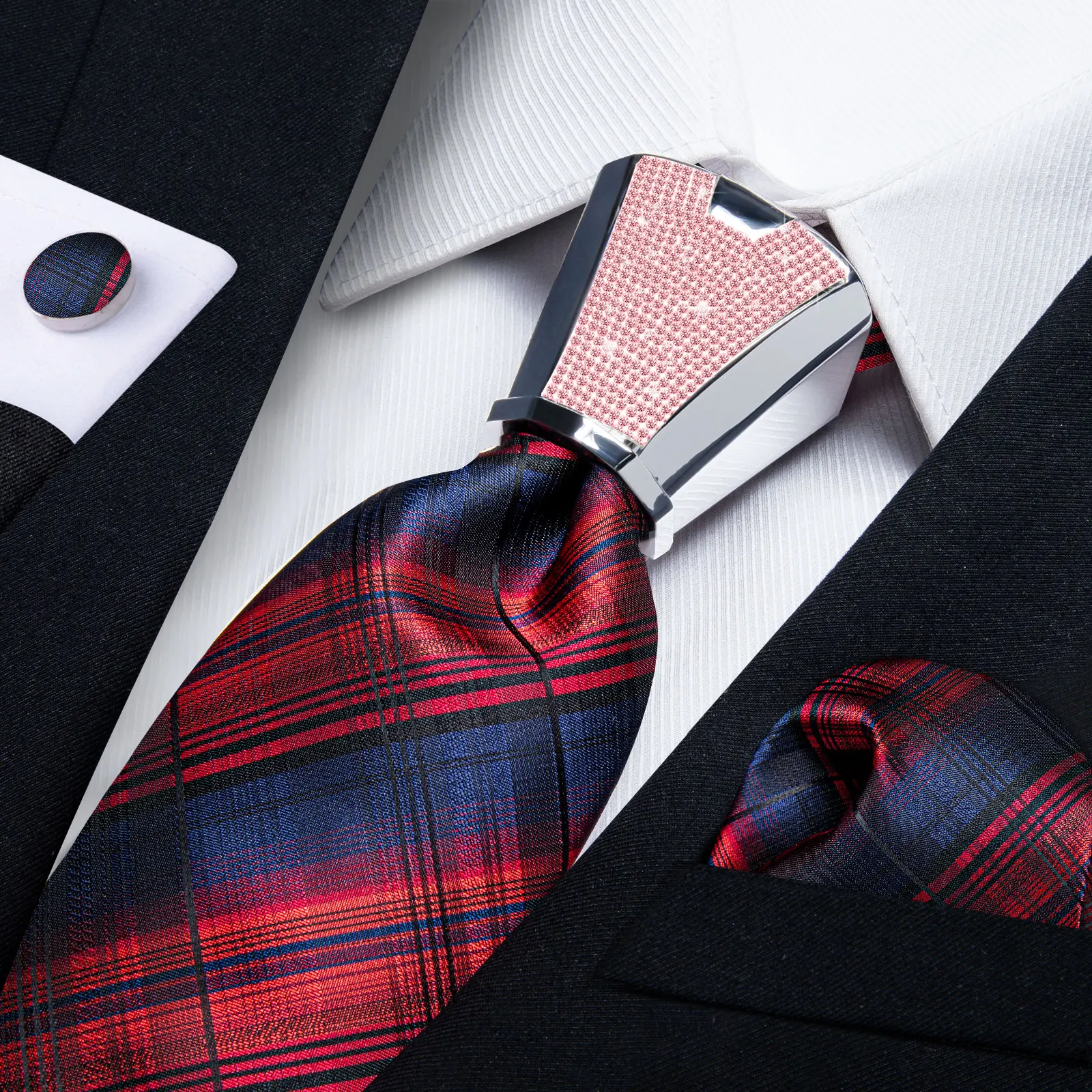 

DiBanGu Luxury Designer Red Blue Black Plaid Silk Ties for Men Pink Plastic Buckle Pocket Square Cufflinks Wedding Accessories