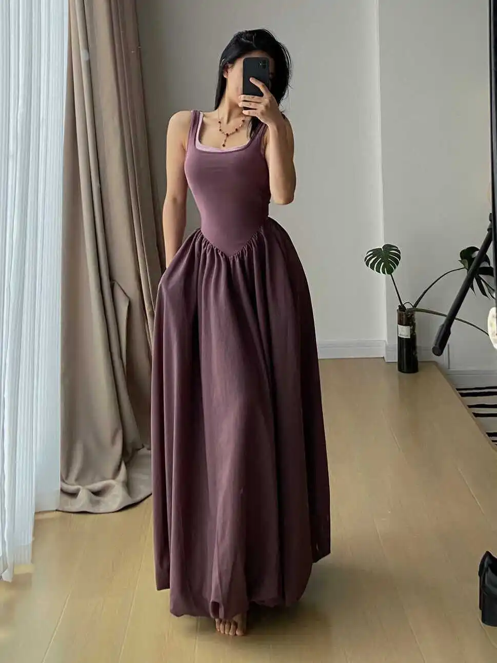 French Square Neck High Waisted Backless Solid Long Dress Women 2024 Summer Sleeveless Fake Two-piece Floral Bud Dress V6N7