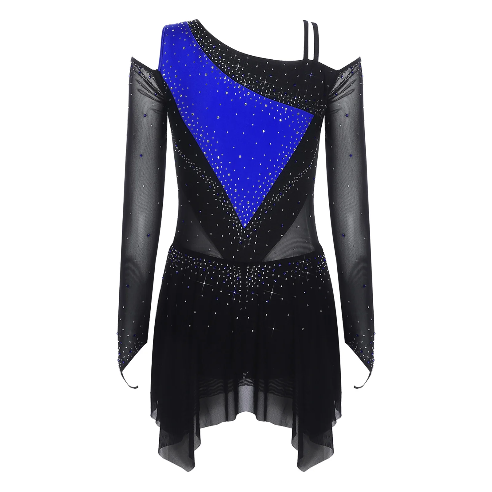 Damski strój gimnastyczny z dżetami, asymetryczny dekolt, długi rękaw, warstwowa siateczka, body do gimnastyki, kombinezon do łyżwiarstwa figurowego