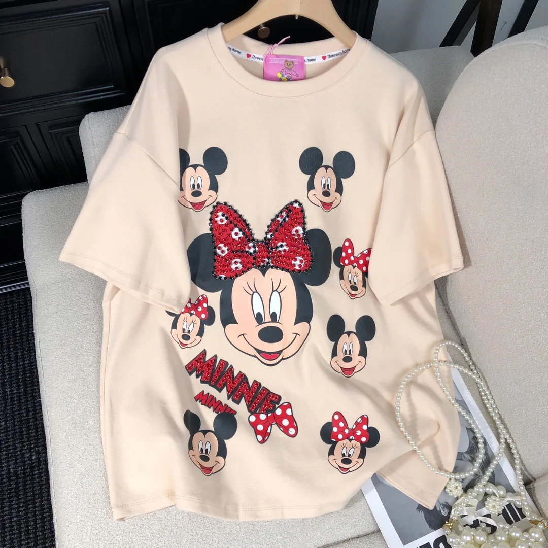 2024 Autumn and Winter Korean Version Cartoon Diamond-encrusted Printing Loose and Thickened Casual Short-sleeved T-shirt Women