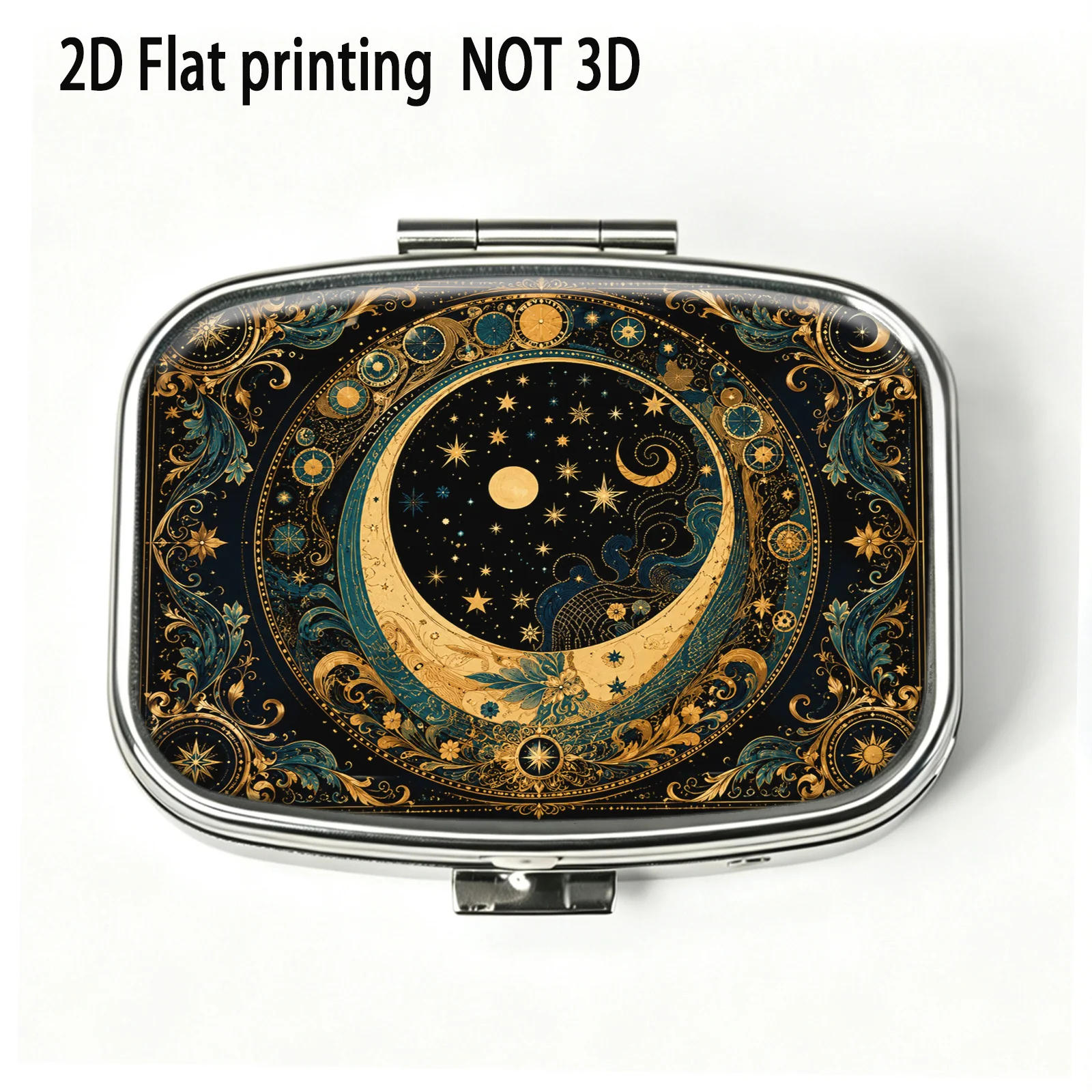 Vintage Gold-Plated Crescent Moon Star Trail Dark Luxury Pattern Design, Small Square Pill Organizer with Two Compartments, Portable Medicine Storage, Can Also Be Used as a Home Portable Organizer, Decorative Box, Perfect for Handbags, Wallets, and Travel, Metal Storage Box, Small Jewelry Organizer, Holiday Gifts, Souvenirs, Prizes, Small Gifts