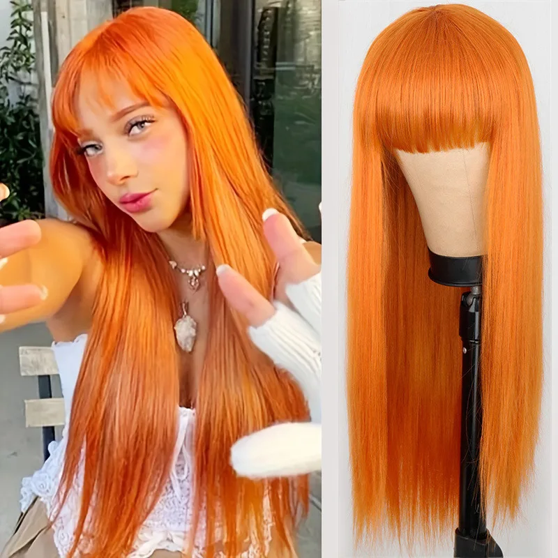 Orange Long Straight Hair Synthetic Wig for Halloween Party, Cosplay Wig, Everyday Wig, High-Temperature Hair Silk Wig Set