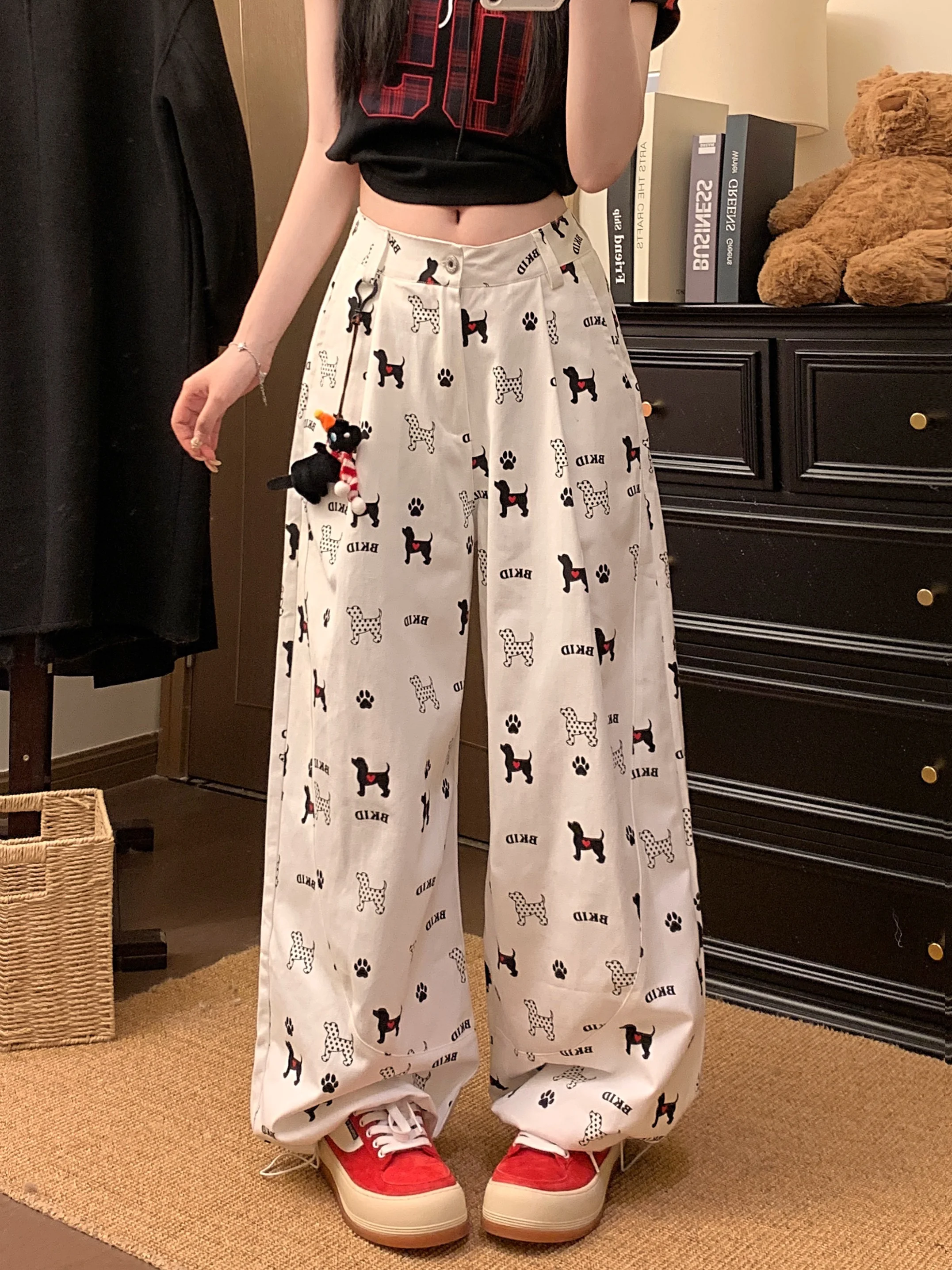 

Белые женские летние брюки в американском стиле, спортивные, повседневные, для джазовых танцев, с высокой талией, широкие штанины