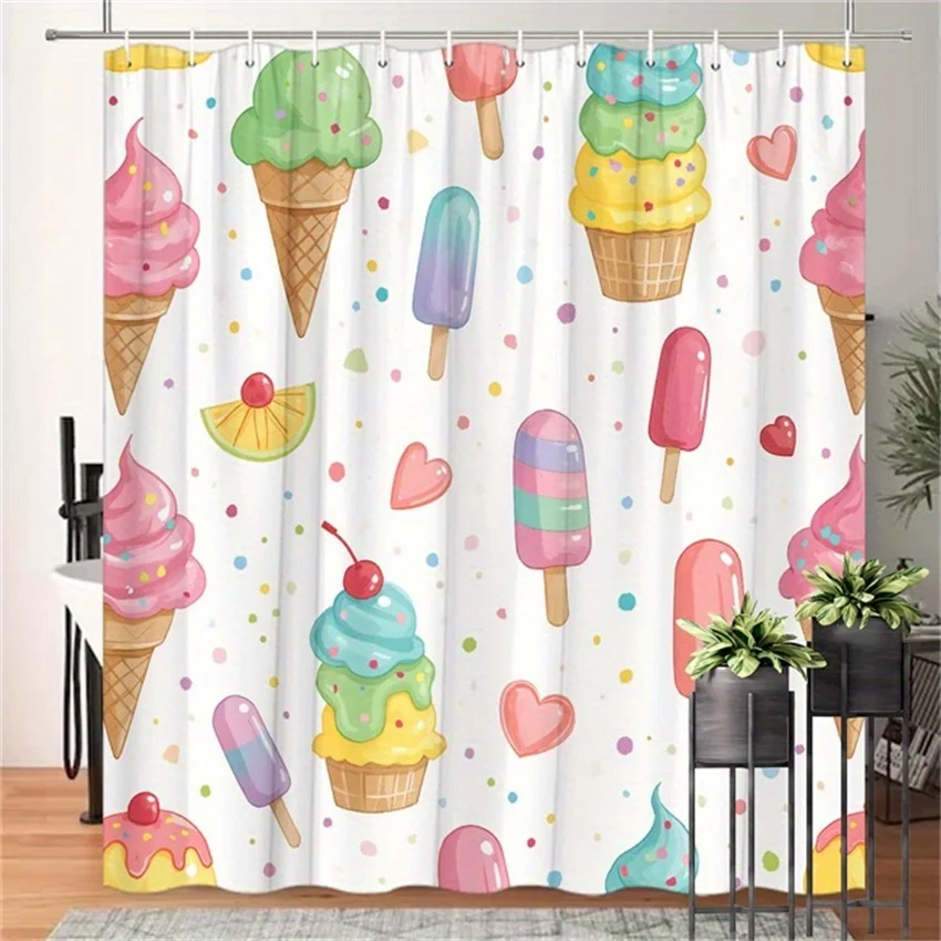Sweet Ice Cream Popsicle Shower Curtain, Colorful Candy Waterproof Bath Curtain, Kawaii Summer Bathroom Decor Art