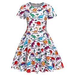 Girls Summer Printed Casual  Dress Short Sleeved Aline Dress Dinosaur Printed Tropical Clothing