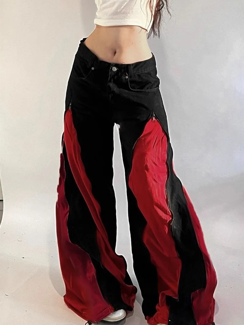 Loose Temperament Zipper Spliced Jeans Low Waist Straight Leg Pants Casual Fashion Hip Hop Style PVC Material PU Composition