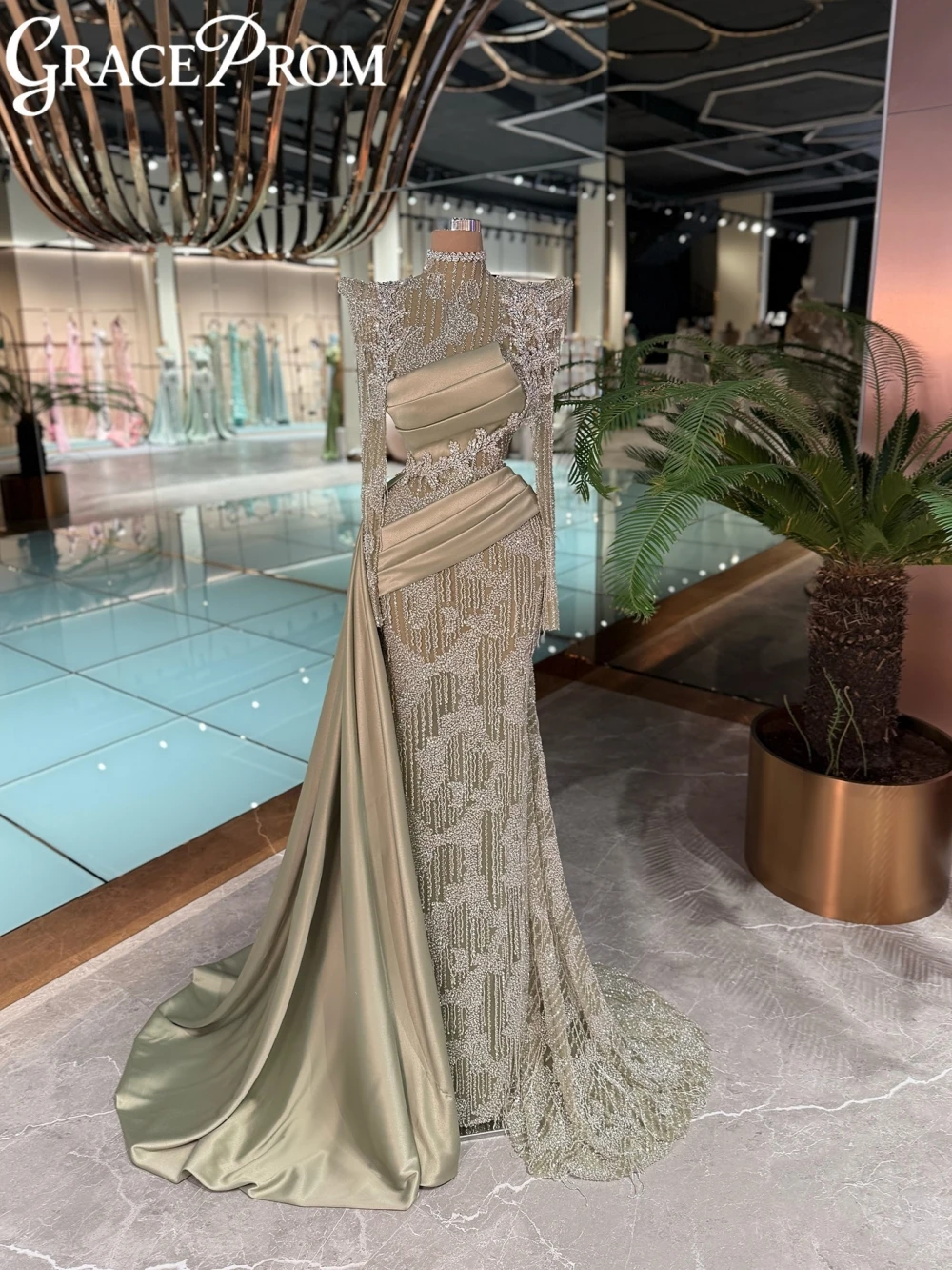 

Dreamy Luxurious Embroidery Beaded Lace Evening Dress High Colalr Long Sleeve Wedding Party Gown Customized Shiny Prom Dresses