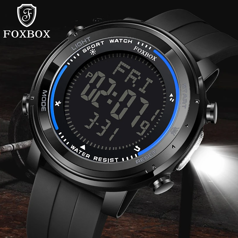 FOXBOX LED Alarm Backlight Waterproof Watch Men Fashion Analog Digital Watches For Men Black Silicone Luminous Quartz Men Watch