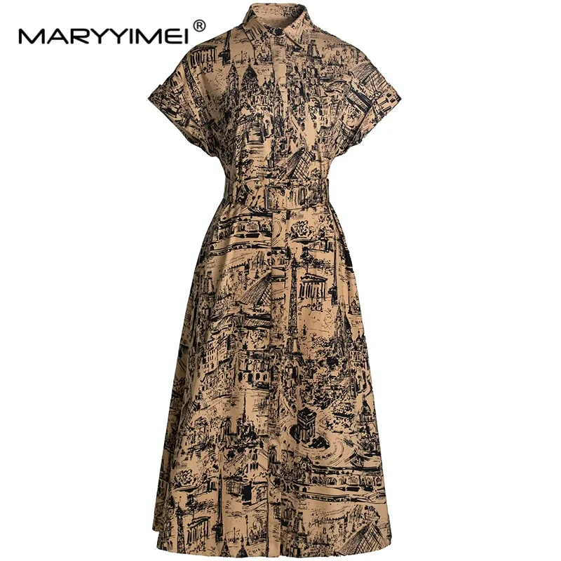 MARYYIMEI Summer Women\'s Dress Turn-Down Collar Short Sleeve Single-Breasted Cotton Vintage Print Lace- Up Dresses