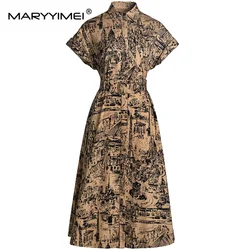 MARYYIMEI Summer Women's Dress Turn-Down Collar Short Sleeve Single-Breasted Cotton Vintage Print Lace- Up Dresses