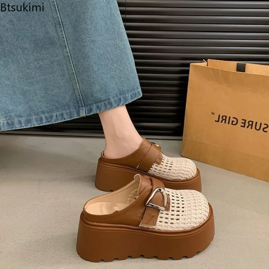 2026 Women's Summer Hot Selling Knitted Baotou Half Slippers Ladies Thick Bottom Slope Heel Outdoor Slippers Casual Hole Shoes