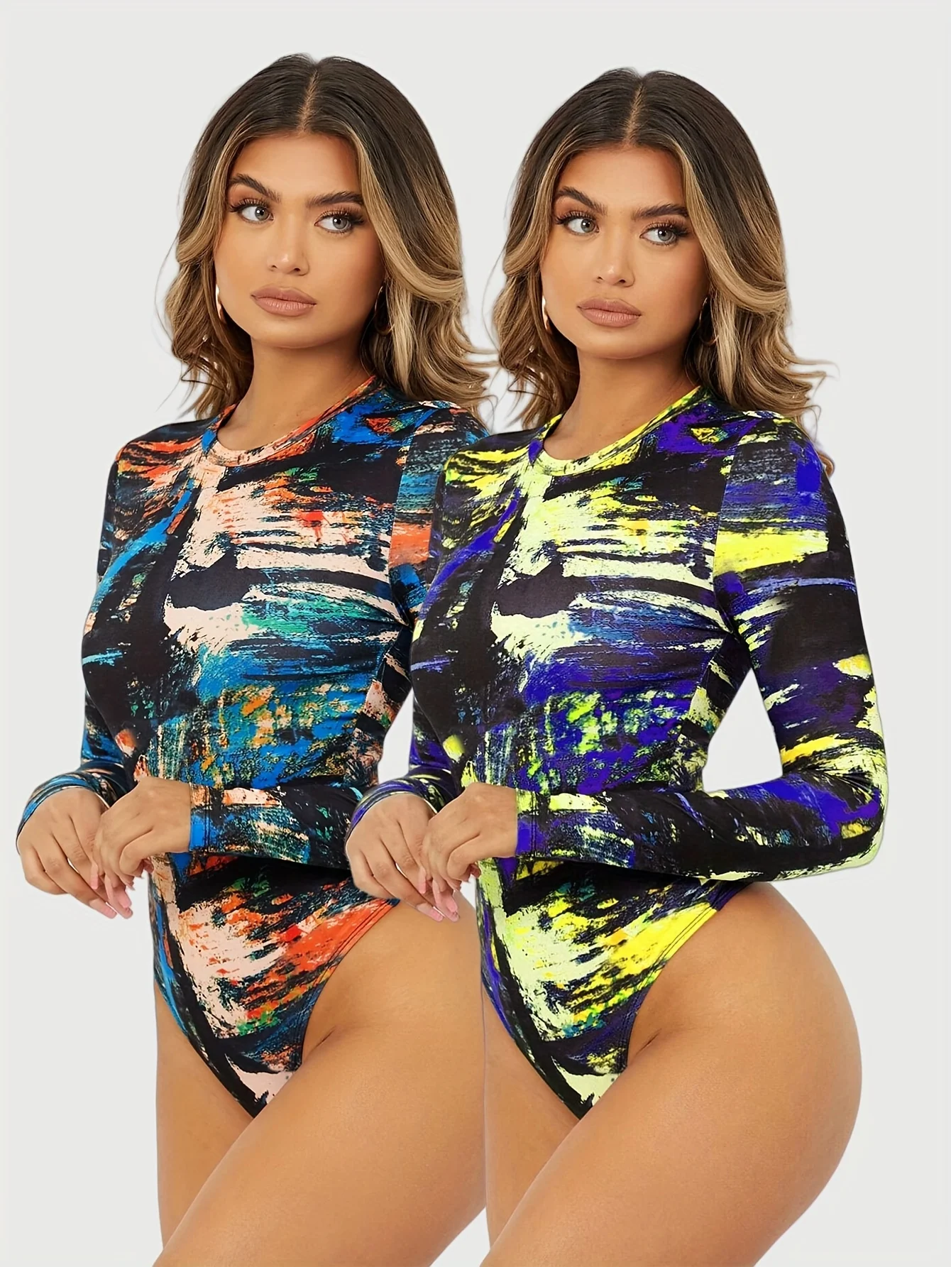 2pcs Women Round Neck Abstract Oil Painting Print Long Sleeve Bodysuit Slim High Cut Skinny Jumpsuit Night Club Streetwear Basic