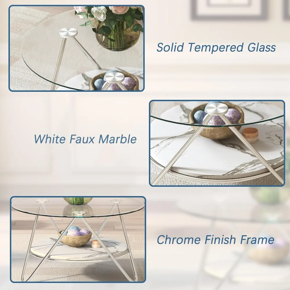 Meja Kopi Bulat dengan Penyimpanan, Meja Kopi Kaca 2 Tingkat untuk Ruang Tamu, Meja Tamu Modern dengan Kaca Tempered & Logam