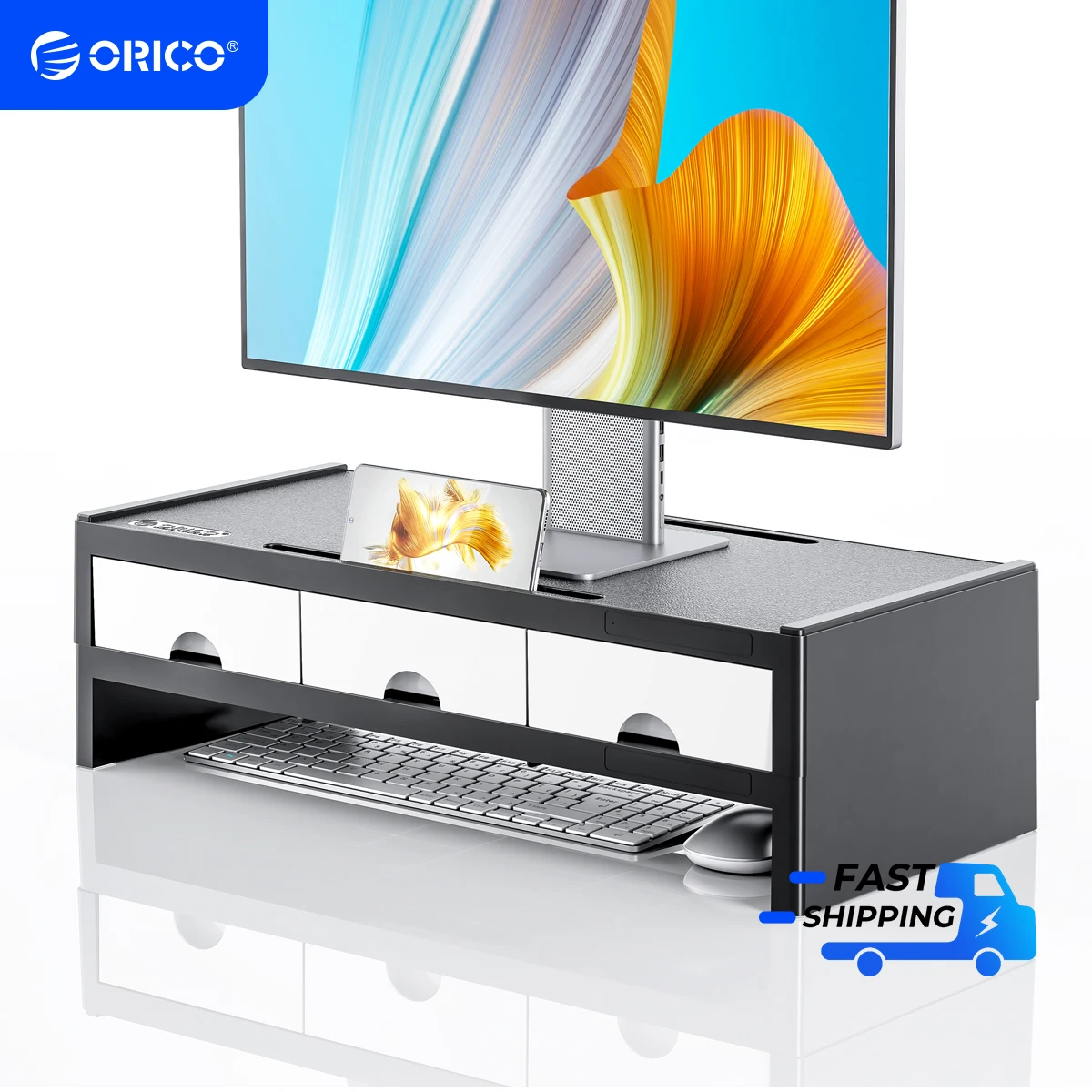 ORICO Desktop Monitor Stand Riser Computer Screen Riser Notebook Laptop Stand with 3 Drawer Storage Box Organizer for Office PC