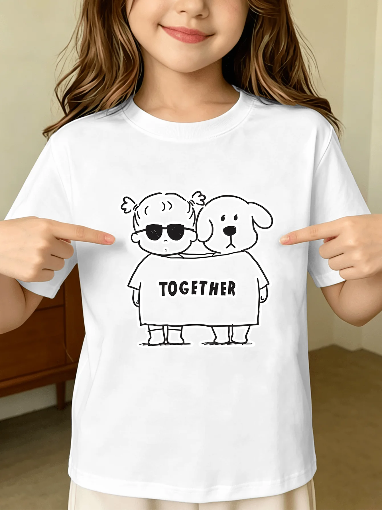 Doodle Girl And Dog Together Letter Minimal Sketch Print Kids T Shirt Boys Girls Family Matching Summer Crew Neck Casual Tee