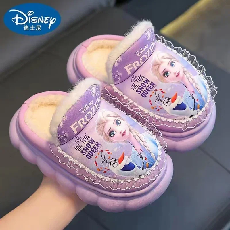 Disney Kids Winter Cotton Slipper Cartoon Frozen Elsa Children Spring Autumn Warm Princess Baby Girls Indoor Outdoor Plush Shoes