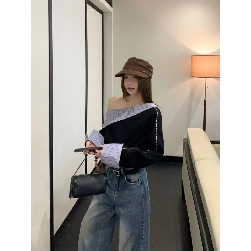 التباين شريط خياطة المنحدرة الكتف مزاجه بأكمام طويلة البلوز المرأة الخريف سليم صالح تنوعا