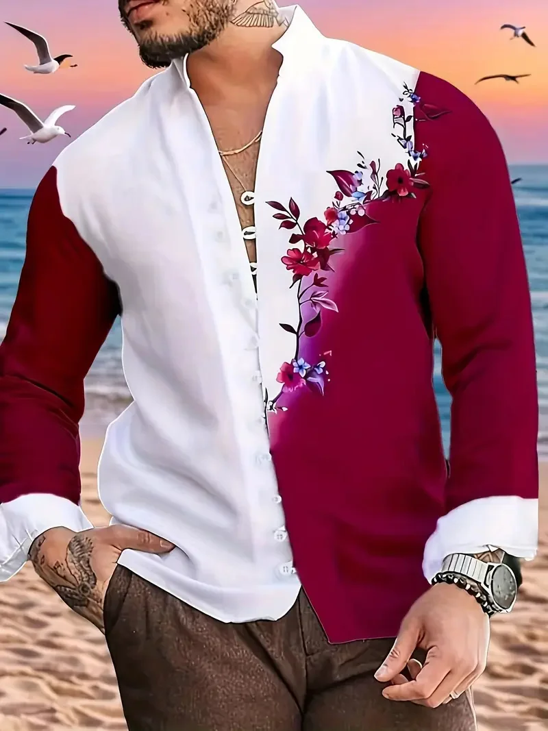 Henry Men's Shirt Ethnic Style 3D Printed Top Men's Casual Fashion Vintage Long Sleeve Shirt Men's Costume