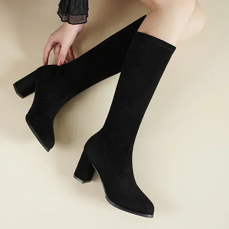 2024New Fashion Winter Women\'s Knee Length Boots Artificial Fur Elastic Pointed Suede High Heels Casual Warm