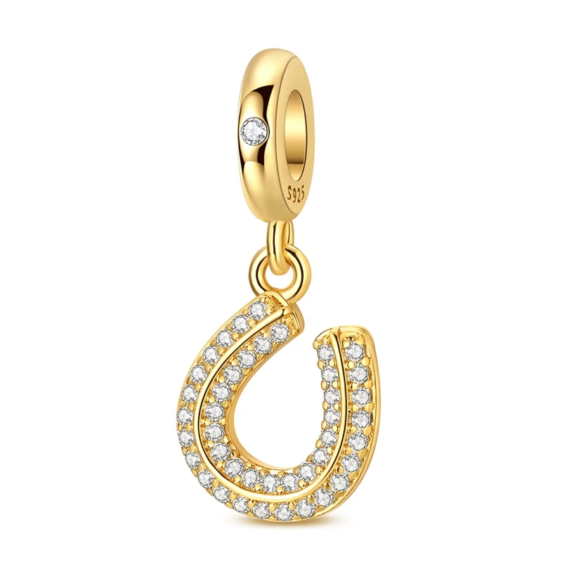 

925 Sterling Silver Charms Bead CZ Zircon Shimmering Gold Horseshoe Dangle Fit Original Bracelet DIY Women Jewelry