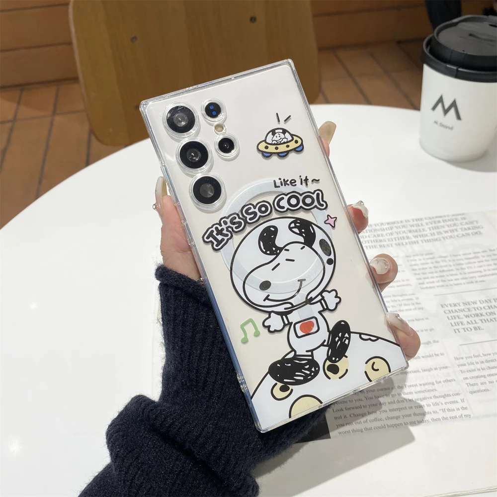 Cute Astronaut Snoopy Magnetic Magsafe Wireless Charge Transparent Phone Case For Samsung Galaxy S26 25 24 23 Ultra Puls Cover
