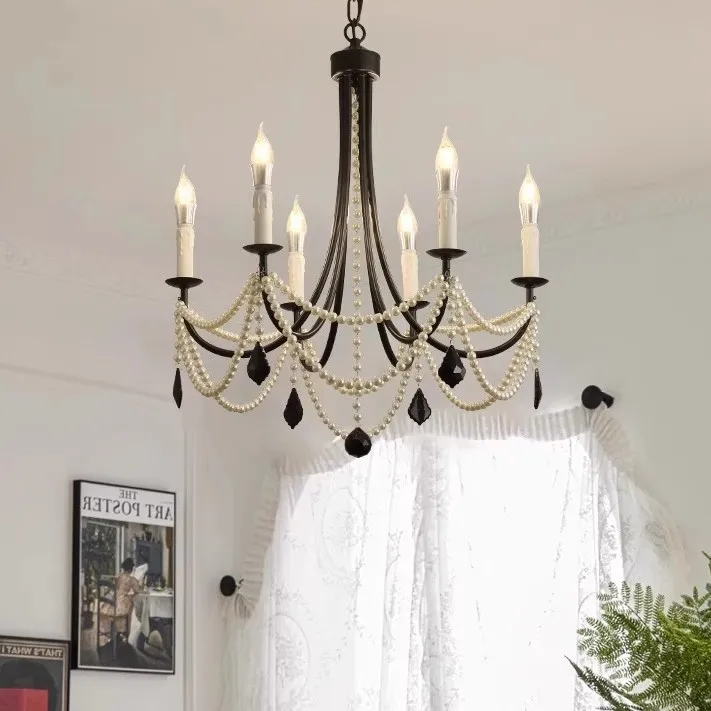 American Retro Candle Chandelier Living Room Black Metal E14 Led Pendant Lights Home Decor Pearl Led Lamparas Hanging Lamp