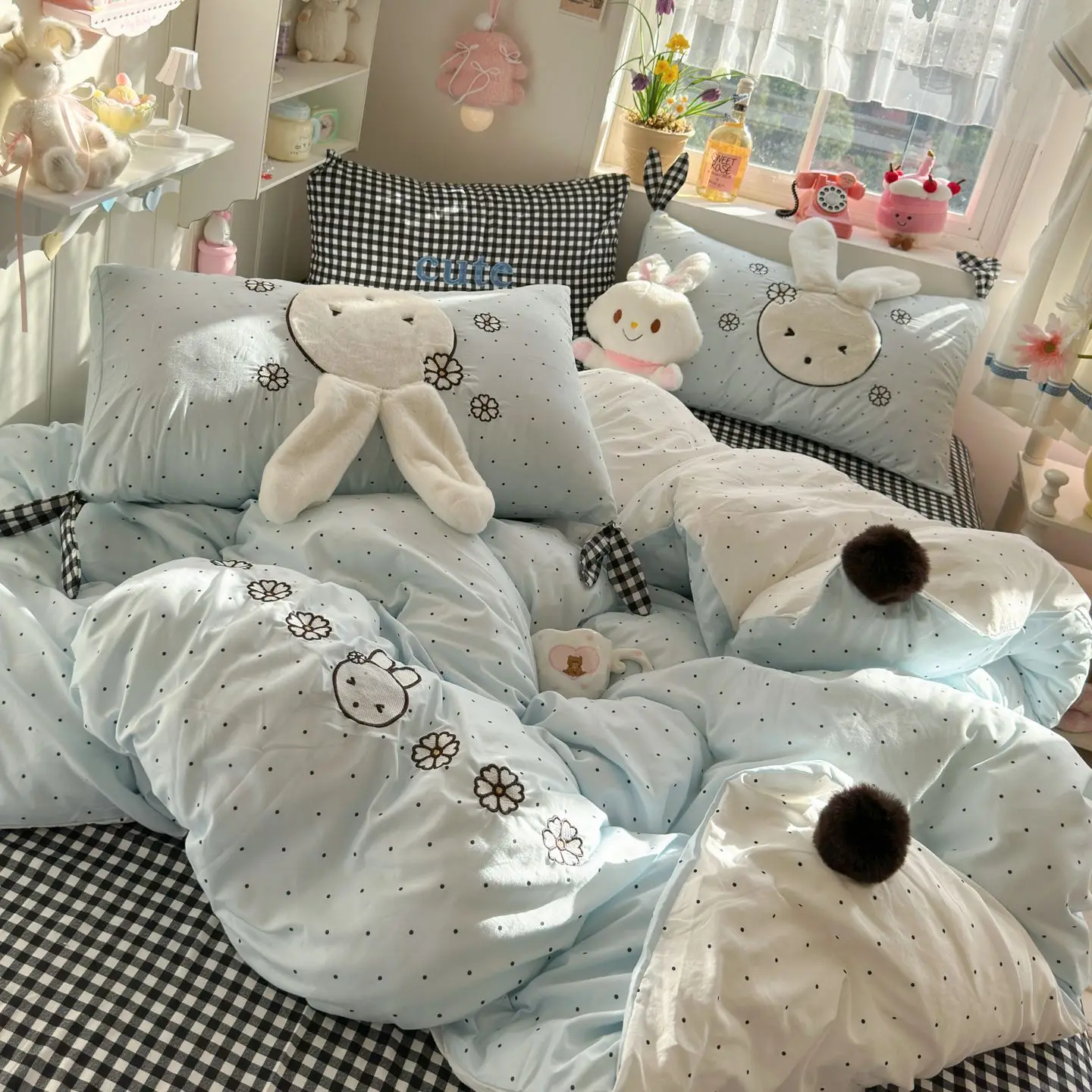 

Appliqué Mimi Miffy Washed Cotton Bedding Four Piece Set Girl Cartoon Quilt Cover Bed Sheets Dormitory Three Piece Set Cartoon