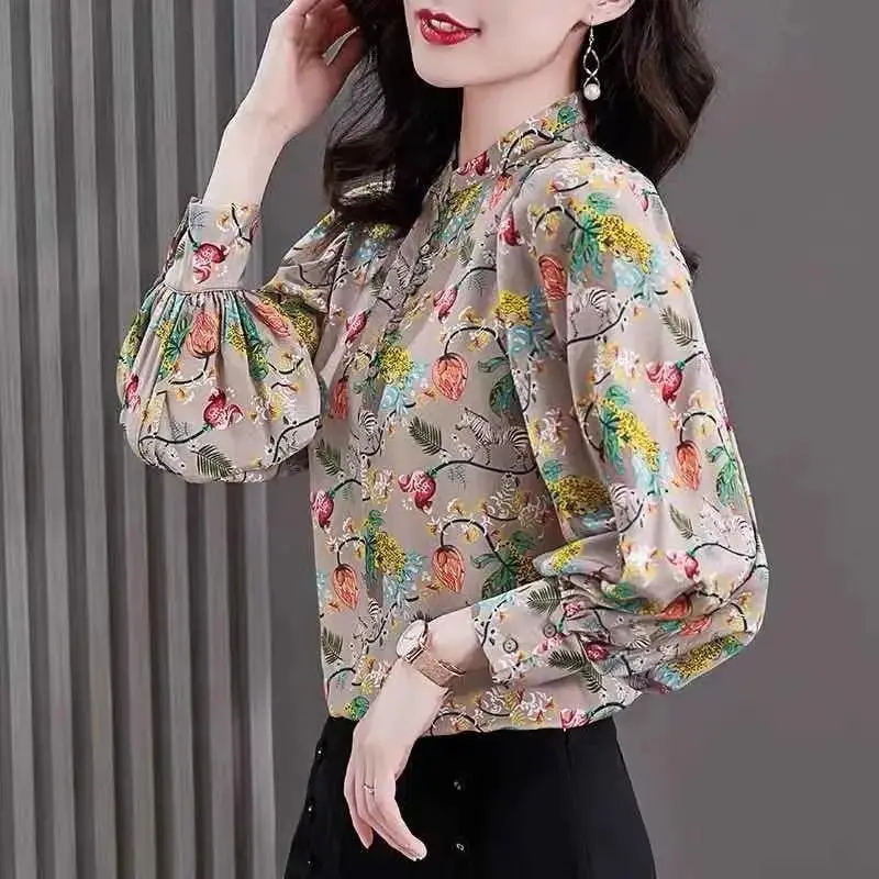 Women Clothes Vintage Floral Print Stand Collar Shirts Spring Autumn Fashion Elegant Blouses Casual Long Sleeve Loose Tops Blusa