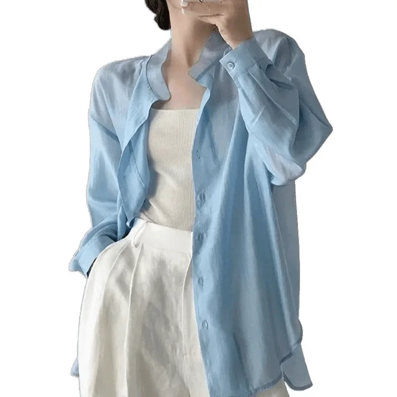 Blue Silk Cloud Lightweight Loose Women's Summer Shirt Thin Transparent Long Sleeve Outerwear High-End Loose Top