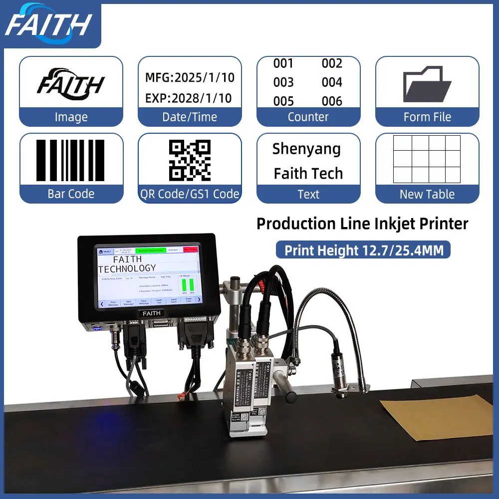 Faith KD210-E 12.7/25.4mm Online Printer Character Date QR Code Marklife Inkjet Printers Expiry Date Shelf Life Conveyor Belt