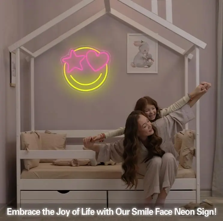 Smile Face Neon Sign Dimmable USB Happy Face Neon Light for Gaming Room Bedroom Birthday Party Wedding Bar Man Cave Club Decor