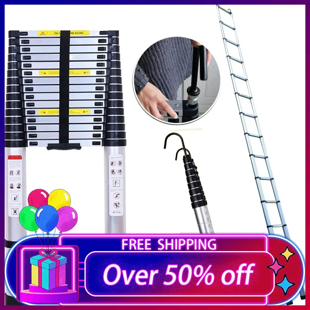 Telescoping Ladder 20ft Folding Loft Ladder with 2 Detachable Hooks Anti-Slip Rubber Feet Portable Heavy Duty Folding Ladder