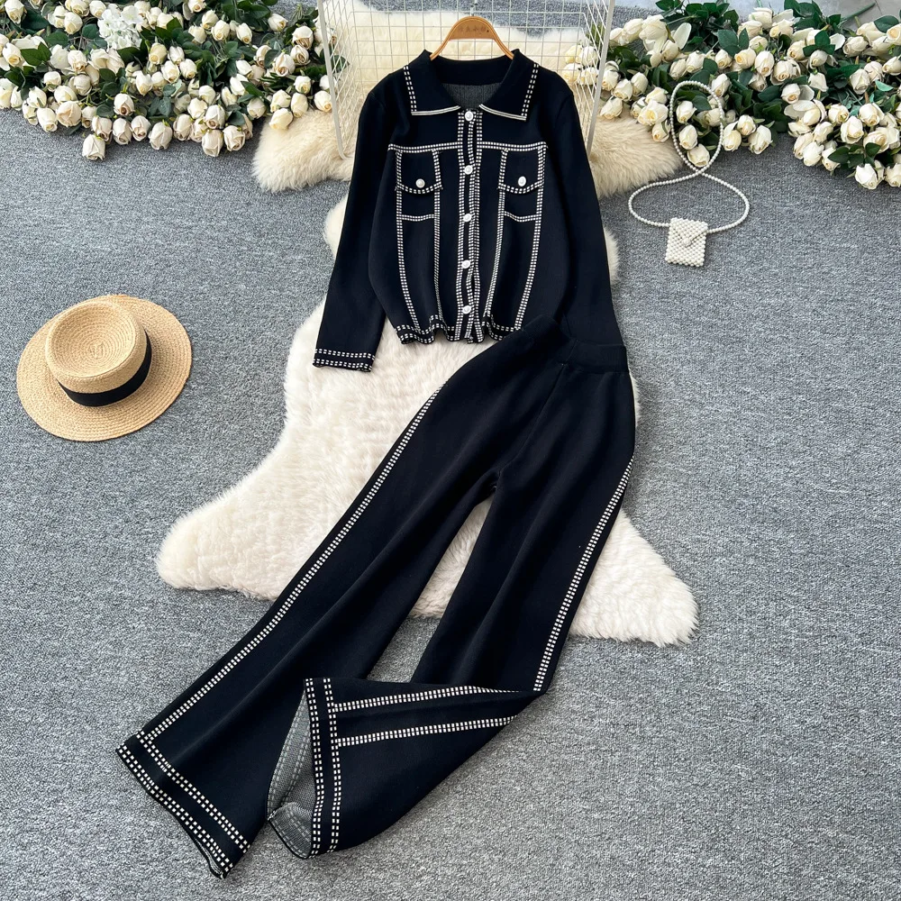 

Two Pieces Women Pant Set Patchwork Matching Set Turn Down Collar Single Breasted Top High Waist Pants Casual 2025 Autumn Winter