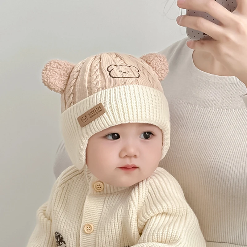 

Cute Bear Knitted Baby Hats Warm Fall Winter Beanies For Infant Boys Girls Kids Ear Protection Caps Solid Hair Accessories