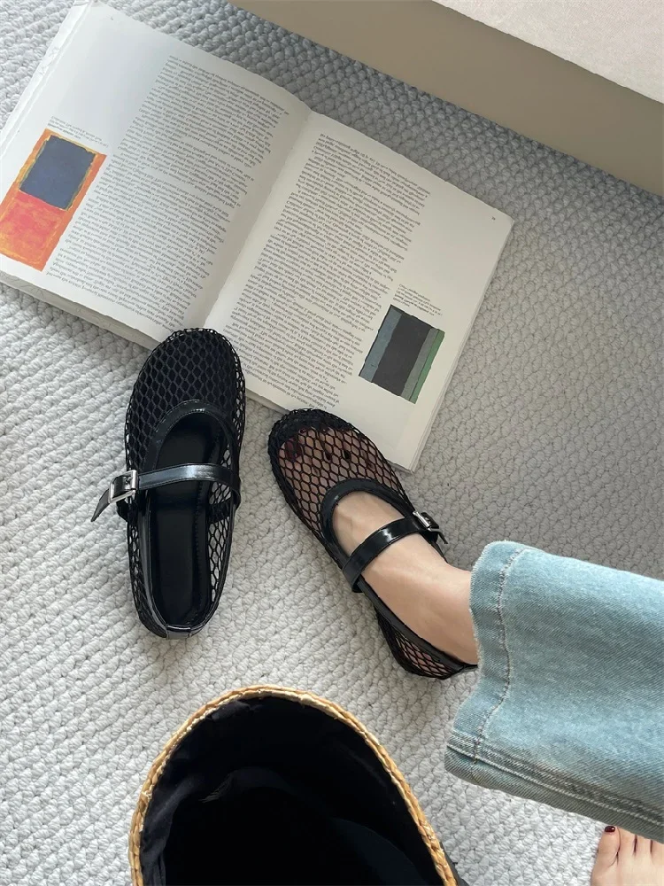 Eilyken Summer Designer Cosy Mesh Heels Women Flat Shoes Fashion Round Toe Buckle Strap Casual Outdoor Dress Sandals