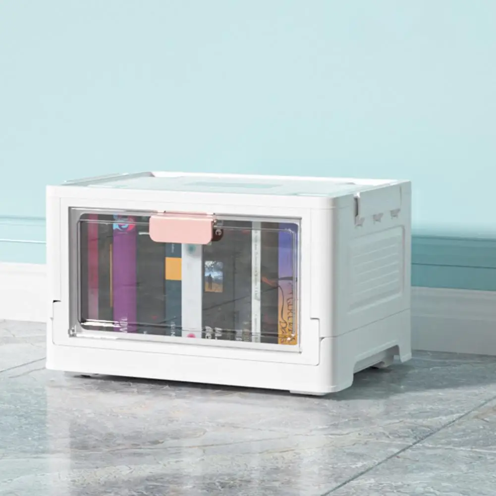 Stackable Book Storage Box 4 Caster Wheels Front Flip Lid Book Organizer Transparent Foldable Desktop Sundries Organizer Case