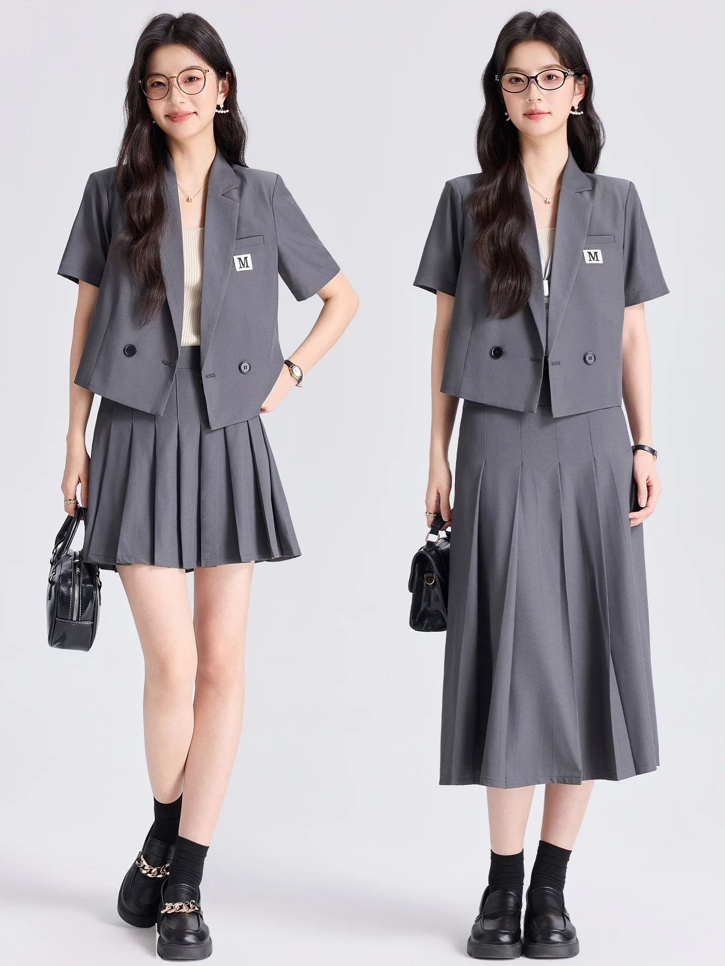 

Women's Short Sleeve Suit Jacket And Pleated Skirt Set Casual Professional Spring Fashion plus Size Regular Fit Button up