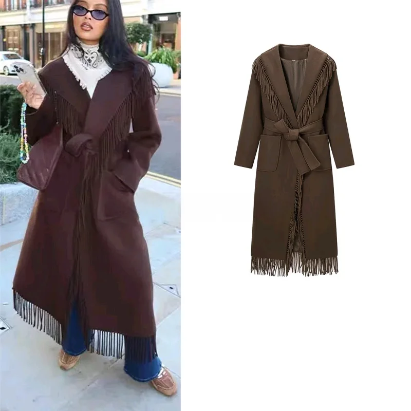 

Winter New Arrival Women's Commute Sle Knot Belted V-ne Long Sve Tassel Decorated Mid-length Woolen Coat