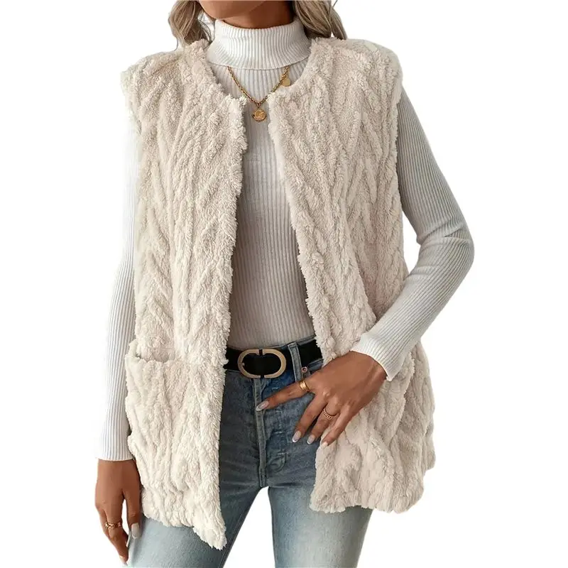 

【OFF-SHELF】Women's Plush Teddy Bear Jacket Vest Comfortable Sleeveless Cardigan Zippered Vest Coat With Pockets