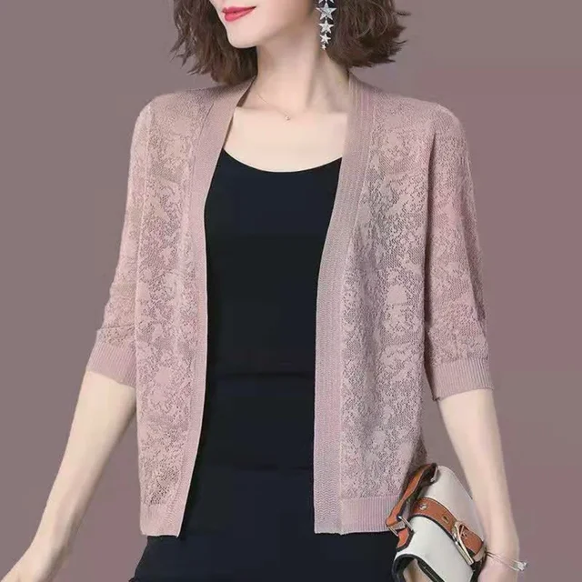 Ponadgabarytowy 2XL letni sweter dziergany płaszcze koreański elegancki koronkowy drążą topy z filtrem przeciwsłonecznym kurtki z półrękawem krótki kardigan