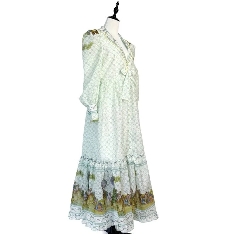 Ele Long Pearl Trim V-Ne Dr Street Sle mid Waist Print Lantern Sve Single Button Luxury Maxi Skirt for Women