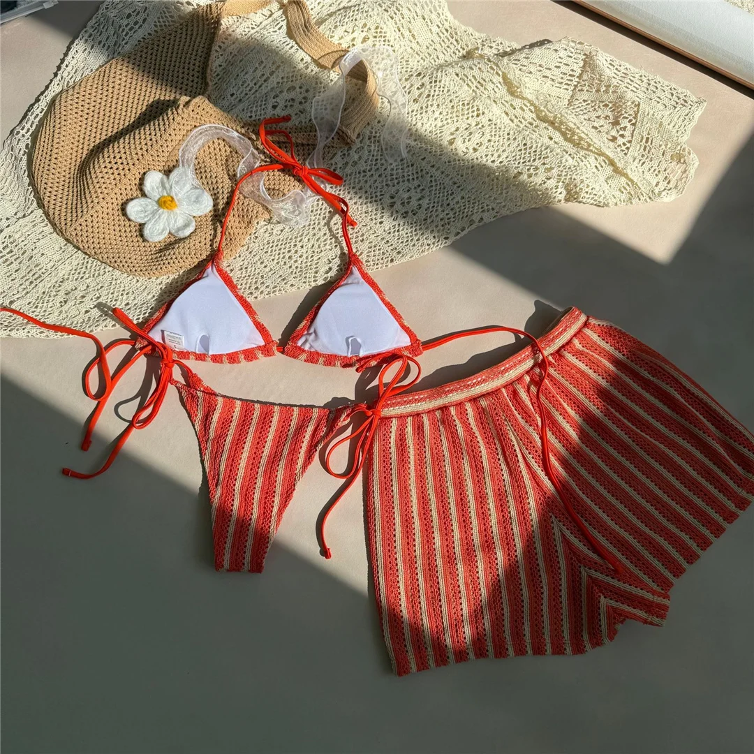 Dreiteiliges Bikini-Set mit Shorts, blau gestreifter Neckholder-Bikini, Damen-Badebekleidung, Badeanzug, Badebekleidung, Badeanzug, Schwimmbekleidung V7159B – Detail 23