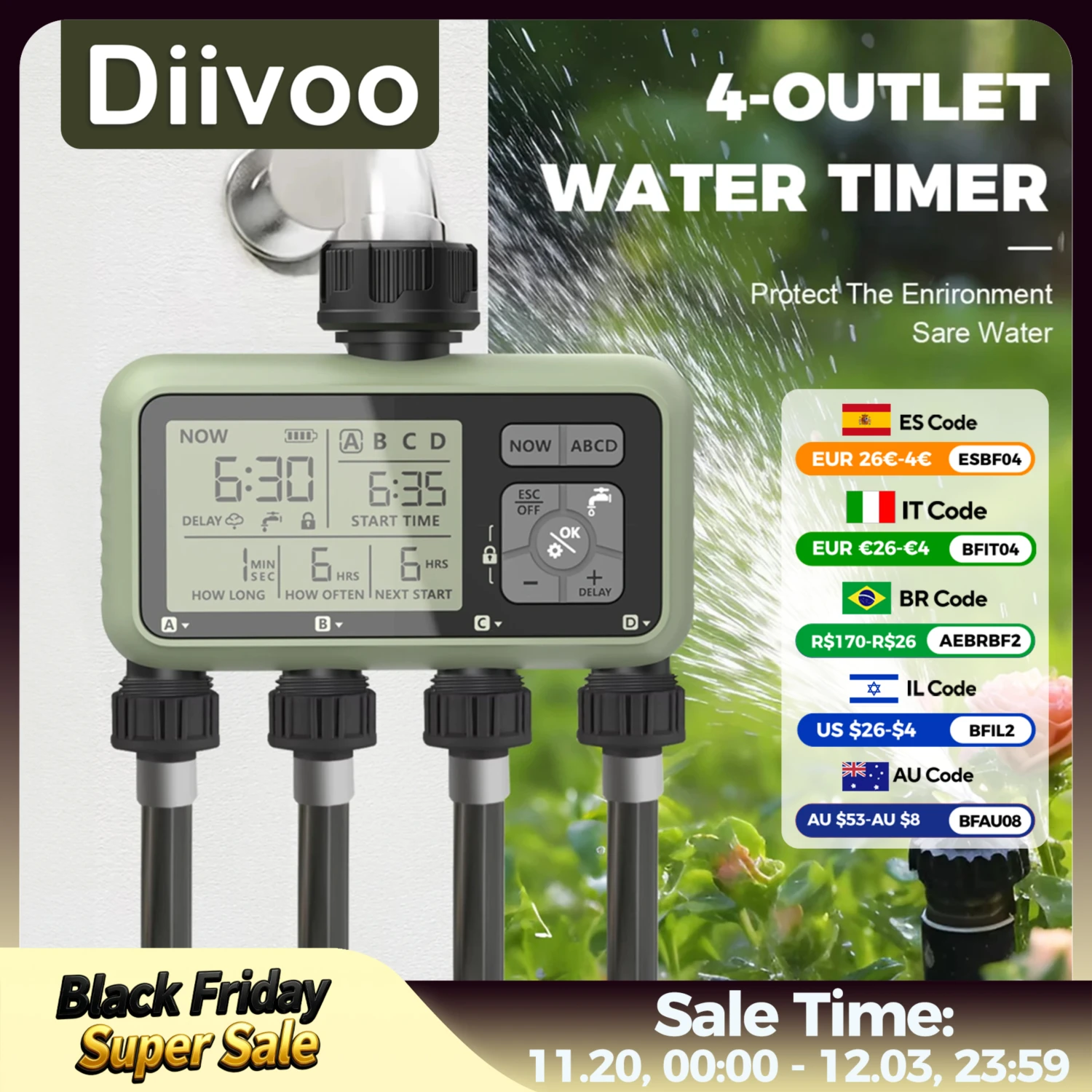 

Diivoo Water Timer 4 Zone Garden Programmable Automatic Irrigation Timer with Rain Delay Manual/Auto Mode Watering for Lawn Yard