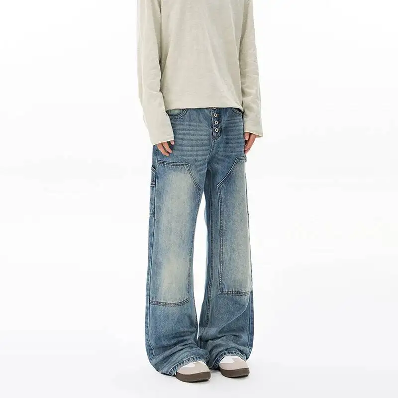 Blue Vintage Washed Cargo Flare Jeans For Men Women Multi Button Waist Side Big Pocket Loose Straight Floor Trousers ZM2J