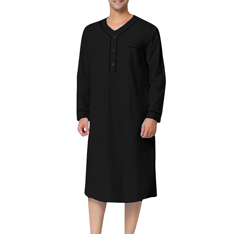 Men V-Neck Linen Robe Roll Up Short Sleeve Solid Long Night Gown Casual Loose Shirt Kaftan Thobe with Pocket